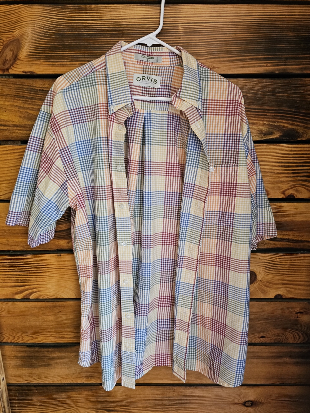 Orvis Short-Sleeve Plaid Button-Down Shirt in Cream, Blue, Red